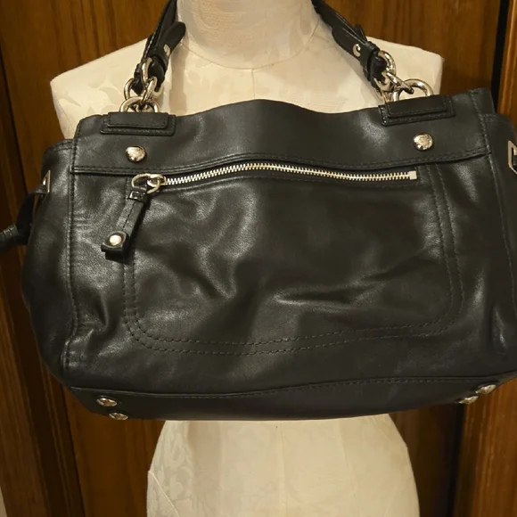 NWOT Coach Black Leather Shoulder Bag with Gold Accents - Picture 2 of 12